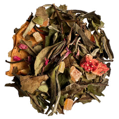Strawberry papaya tea leaves, a colorful mixture of green to light brown tea leaves, some with minute hairs; tea buds with minute hairs; red strawberry pieces; yellow-orange papaya cubes; and red-pink flower petals.