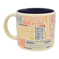 Mug with philosopher quotes in red, yellow, and blue font.