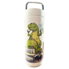 A white travel tumbler with a carrying loop handle and a green dinosaur graphic holding a teacup and TeaHaus teapot.