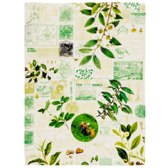 Tea towel featuring a vintage botanical and tea-themed collage print.