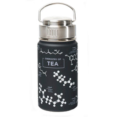 Black steel bottle with "Chemistry of Tea" design and a handled lid.