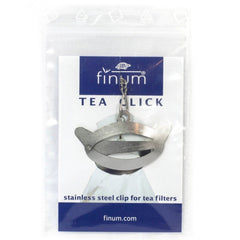 Package containing a Finum stainless steel clip, or tea click, designed to hold a paper tea filter. 