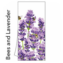 A kitchen towel with a whimsical design featuring bees in lavender blossoms. Says "bee and lavender."