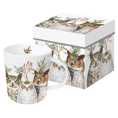 White mug and a matching box featuring owls wearing botanical headpieces.